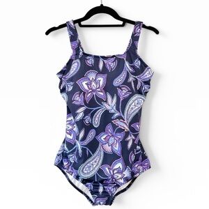 Land's End Paisley Print One Piece Swimsuit Black Purple Size 8 DDD
